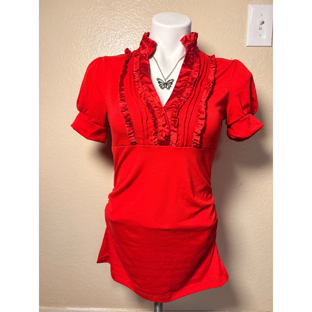 Y2K Lia Lee Red Ruffle Collar Puff Sleeve Empire Waist Top Size M #5